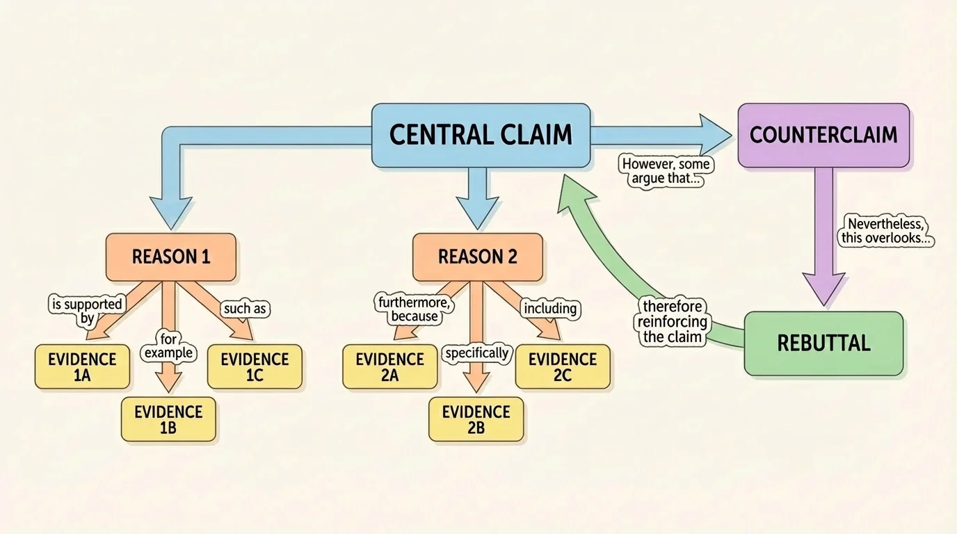 Flowchart showing a central claim connected to two reasons, each supported by evidence, with a side branch for counterclaim leading to rebuttal