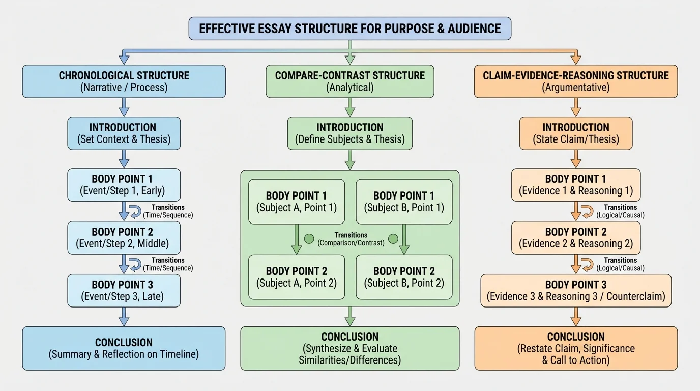flowchart showing essay structures such as chronological, compare-contrast, and claim-evidence-reasoning, with labeled boxes for introduction, body points, transitions, and conclusion