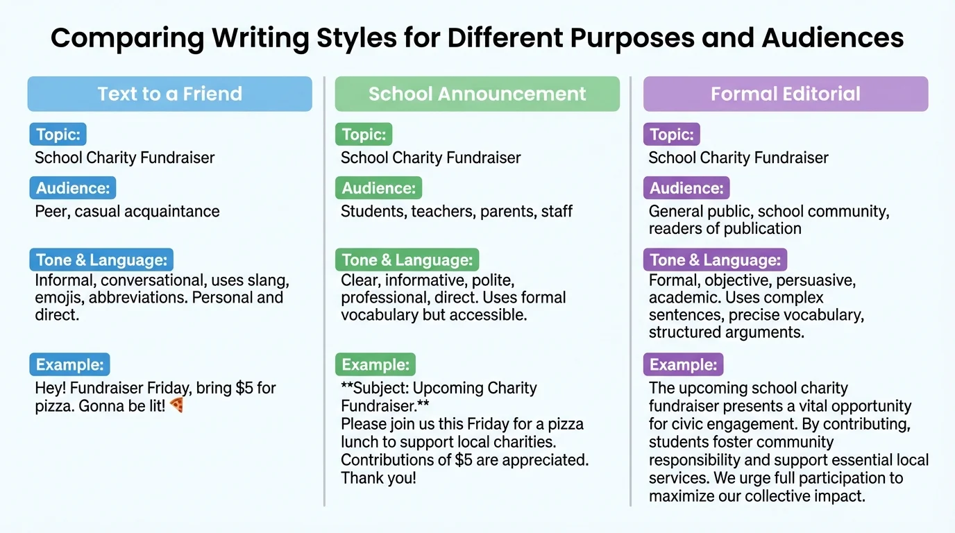 chart comparing the same topic written as a text to a friend, a school announcement, and a formal editorial, with differences in tone, detail, and structure