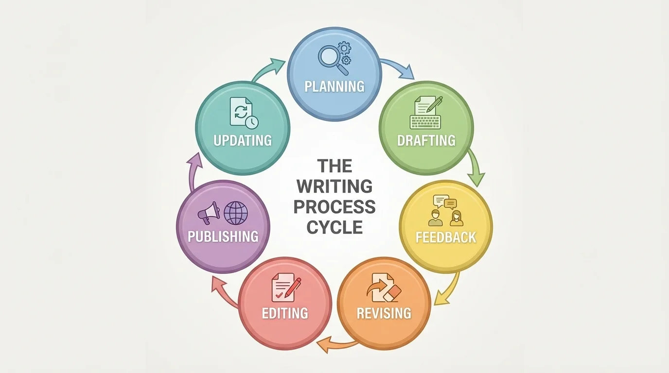 circular flowchart with planning, drafting, feedback, revising, editing, publishing, and updating connected in a loop