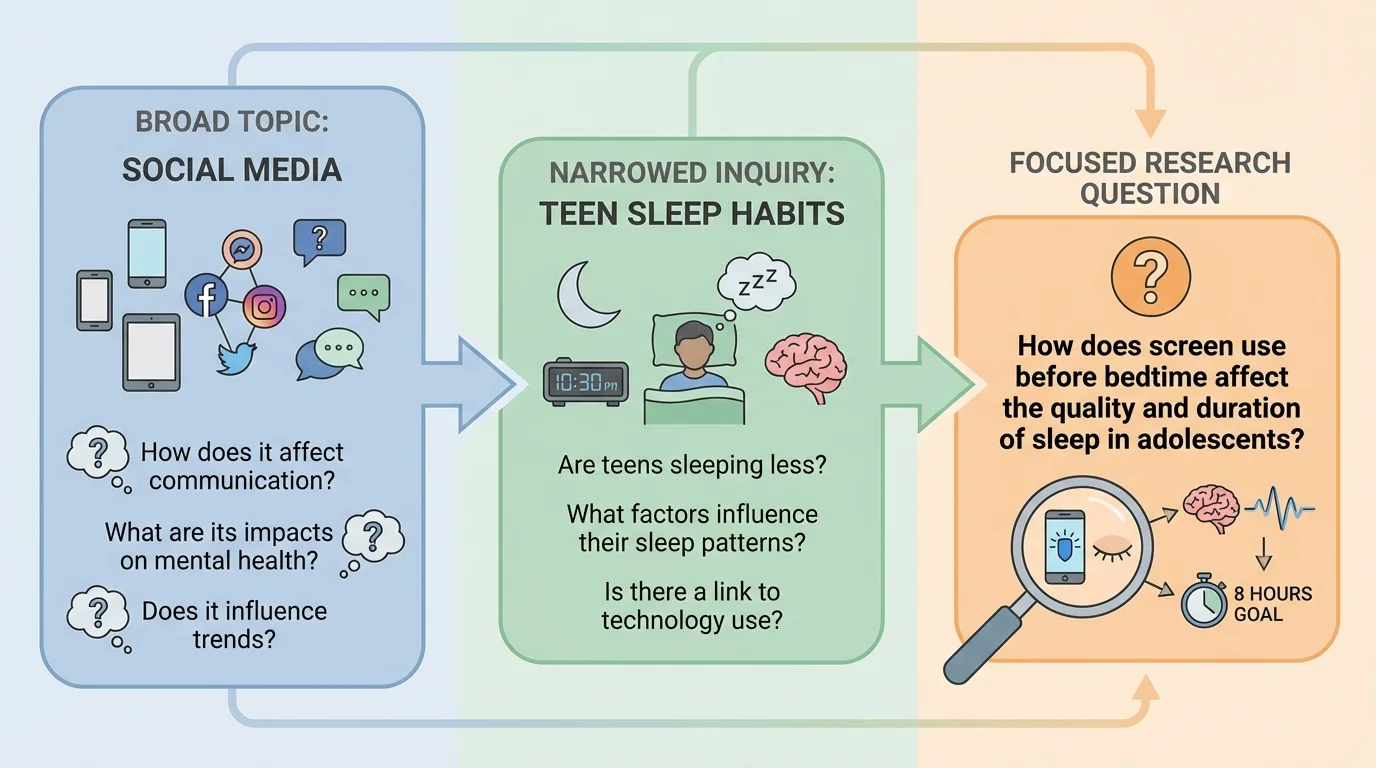 Broad topic social media narrowed to teen sleep habits and then to a focused research question about screen use before bedtime