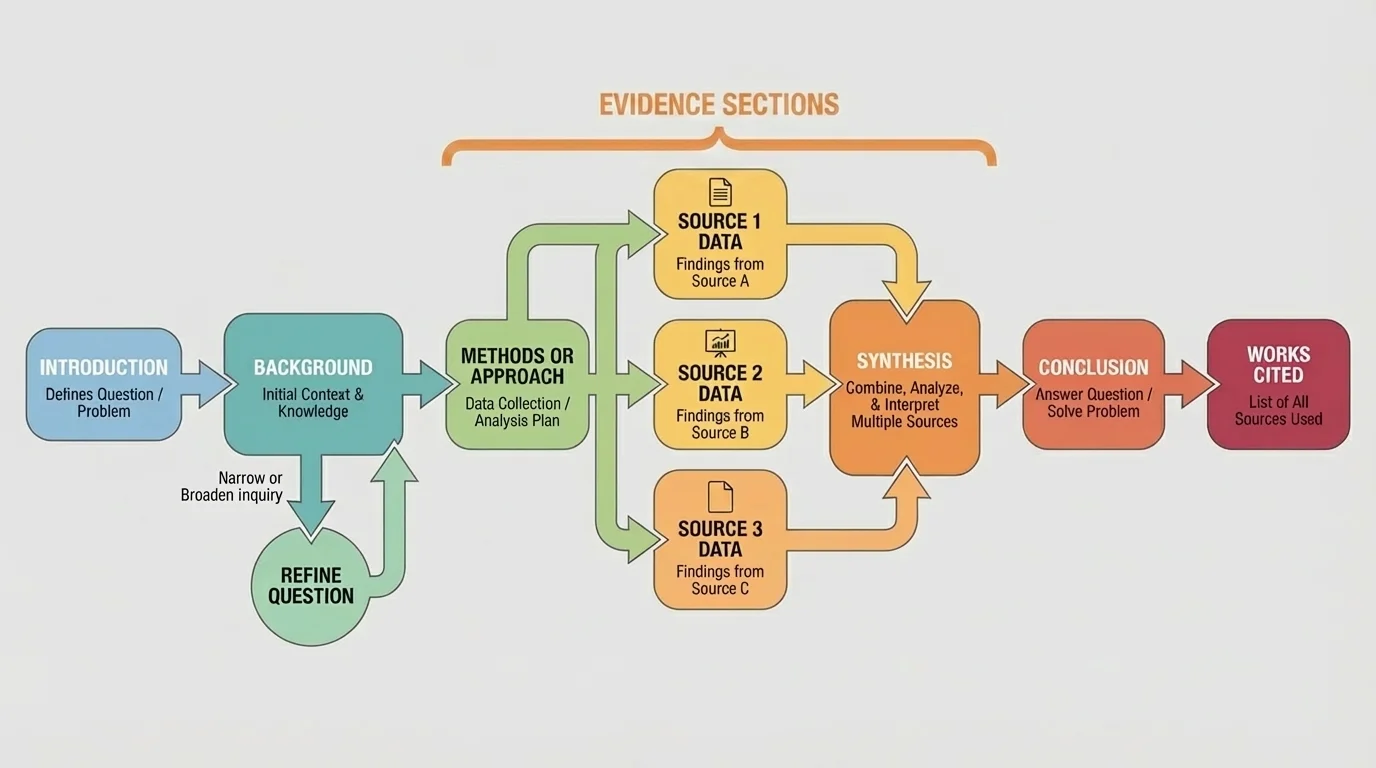 Structure of a research project showing introduction, background, methods or approach, evidence sections, synthesis, conclusion, and works cited