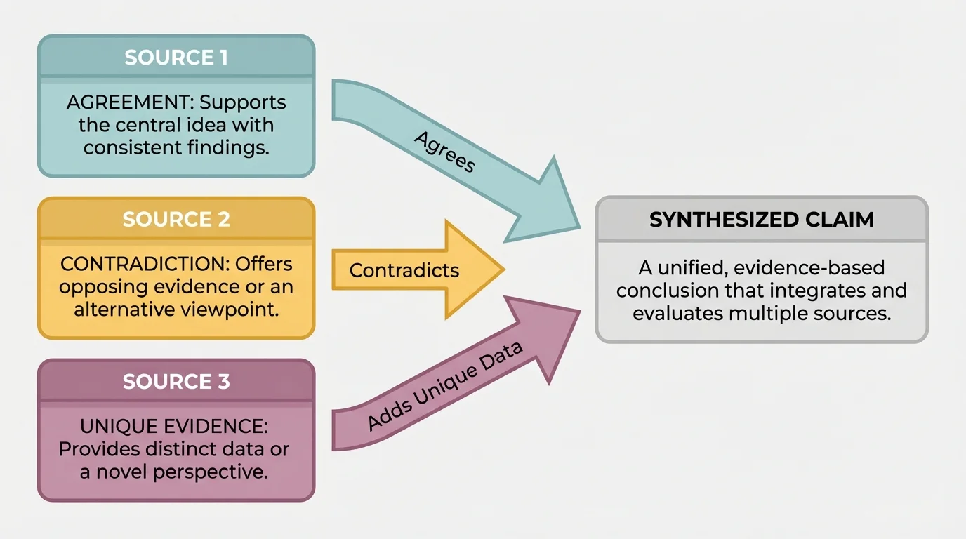 Three source boxes feeding into one central claim with labels for agreement, contradiction, and unique evidence