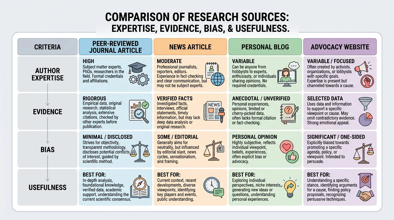 Comparison chart of peer-reviewed journal article, news article, personal blog, and advocacy website by author expertise, evidence, bias, and usefulness
