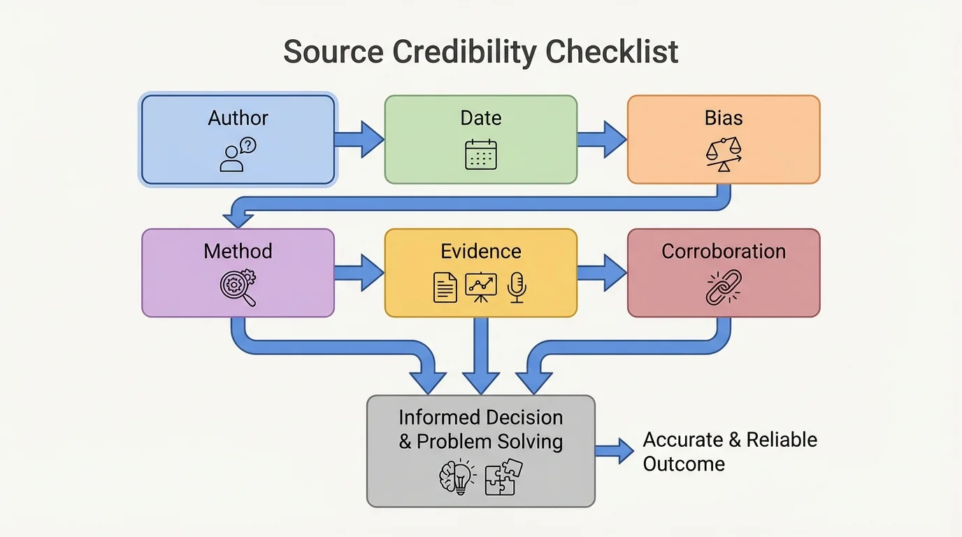 source credibility checklist with boxes labeled author, evidence, date, bias, method, and corroboration connected by arrows