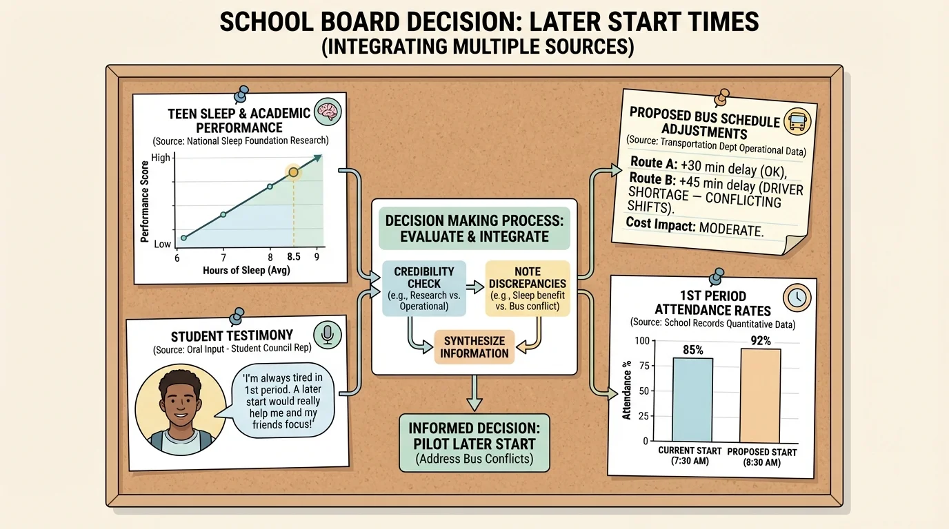school board decision scene with a sleep benefits graph, a bus schedule note, a student speaking, and an attendance chart pinned on one decision board