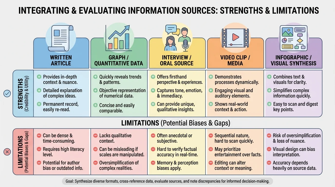 comparison chart of a written article, graph, interview, video clip, and infographic with short notes on strengths and limitations of each format