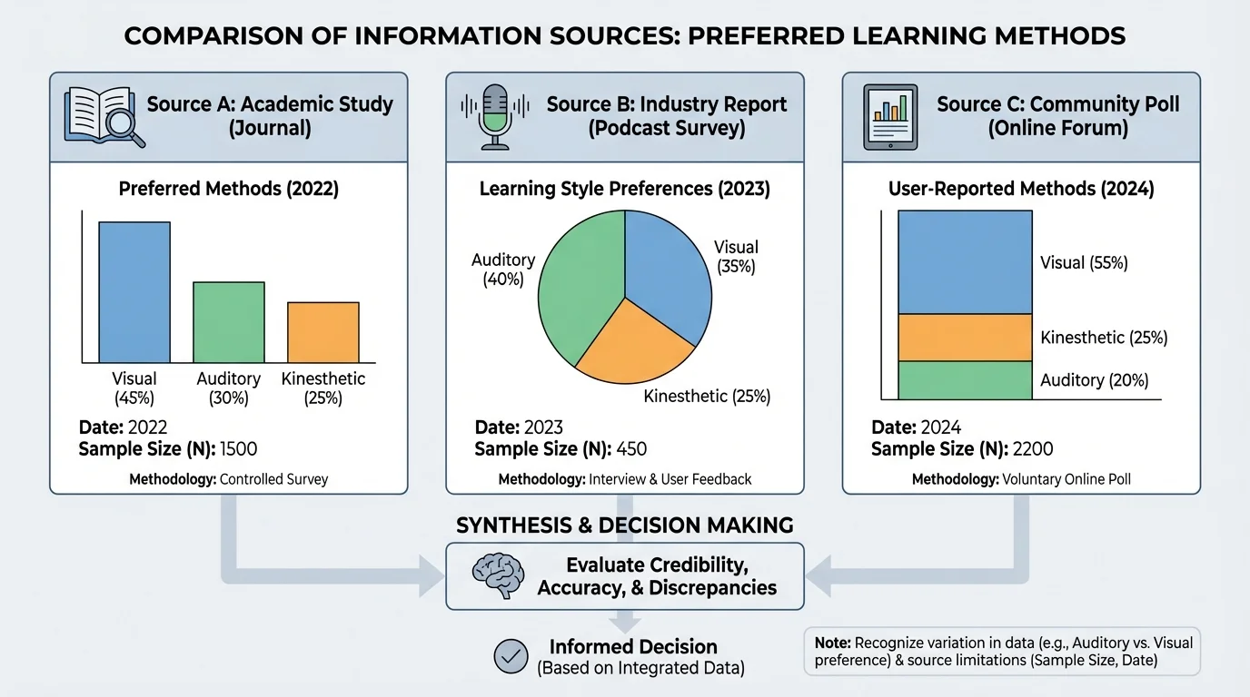 three sources on one topic with different percentages, dates, and sample sizes displayed side by side for comparison