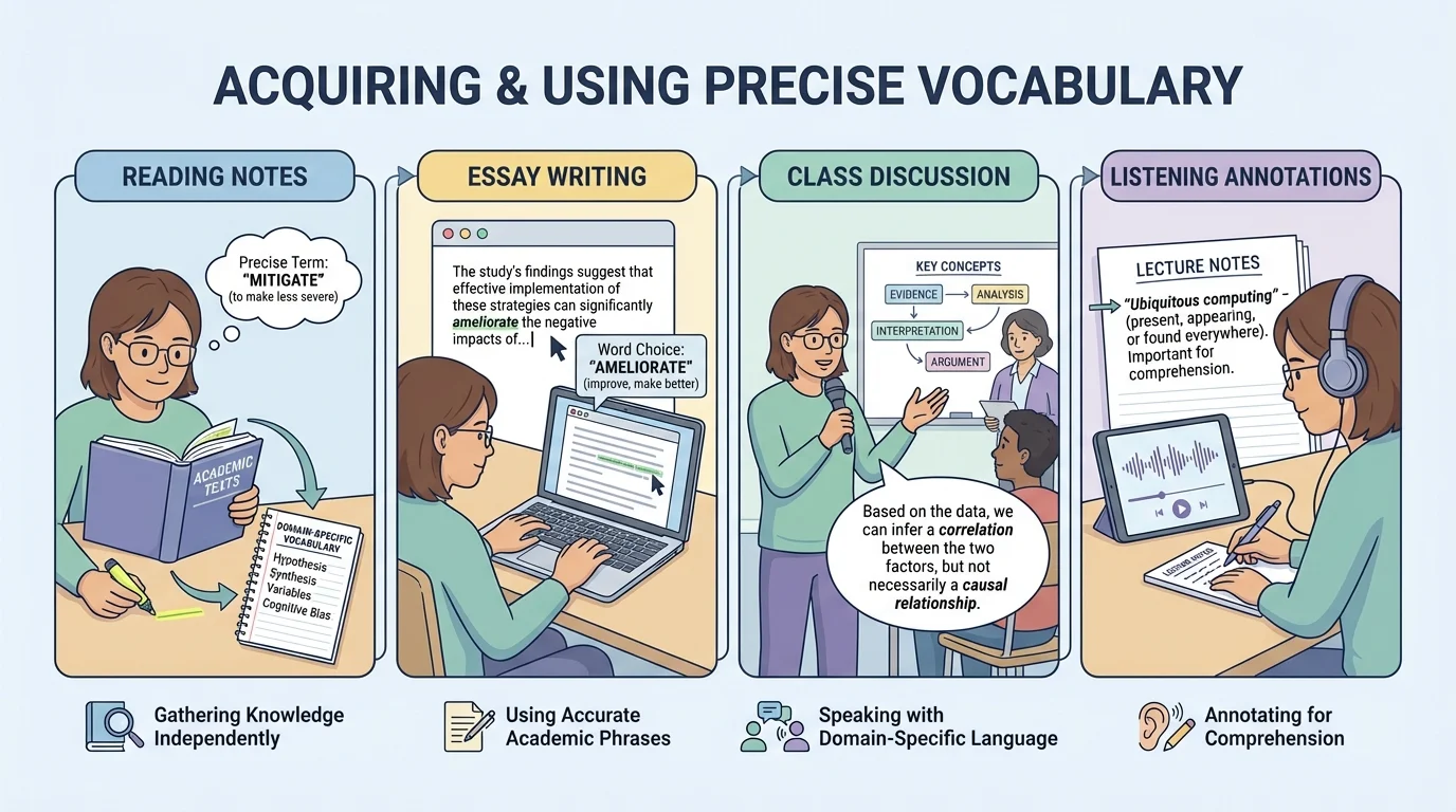 illustration of a student using precise vocabulary in reading notes, essay writing, class discussion, and listening annotations