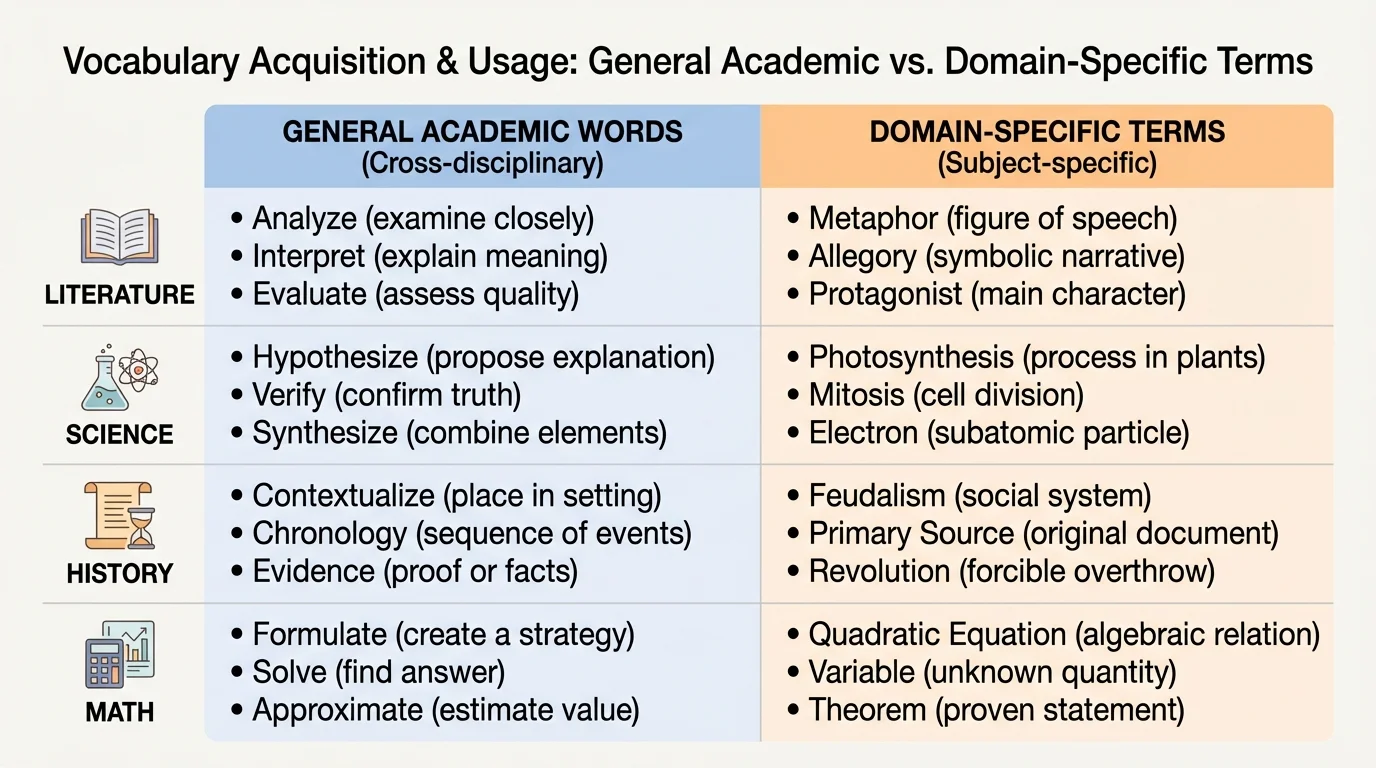 chart comparing general academic words and domain-specific terms in literature, science, history, and math contexts