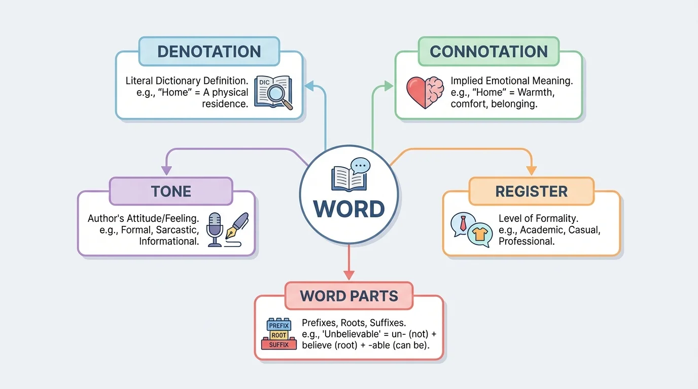 diagram with a central word connected to denotation, connotation, tone, register, and word parts