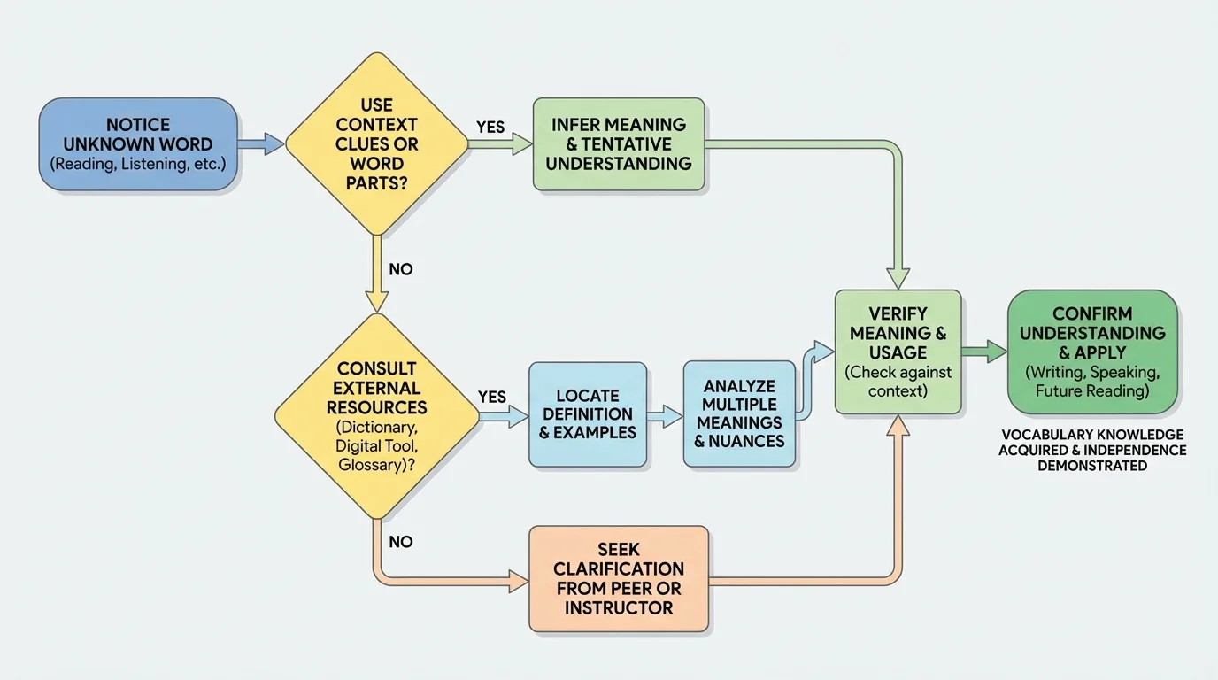 flowchart of vocabulary problem-solving from noticing an unknown word to confirming meaning and usage
