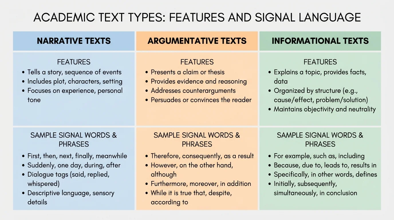 chart showing features of narrative, argumentative, and informational texts with sample signal words and phrases