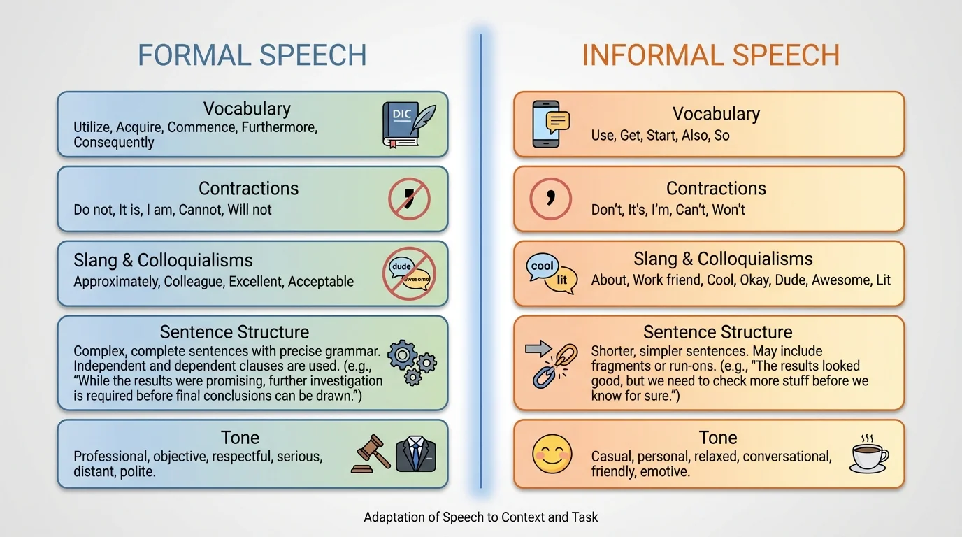 comparison of formal and informal speech in vocabulary, contractions, slang, sentence structure, and tone