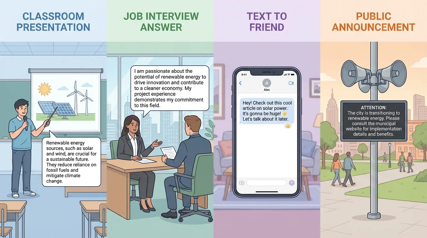 one topic adapted into classroom presentation, job interview answer, text to friend, and public announcement with different tone and wording