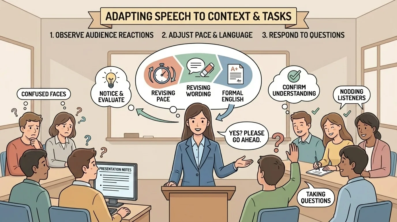 student speaker noticing confused faces, nodding listeners, and taking questions while revising pace and wording