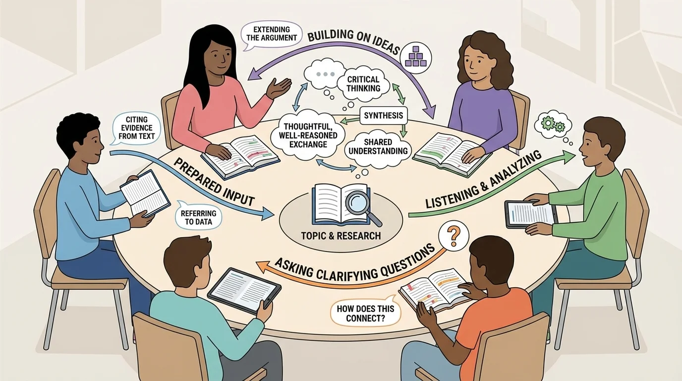 Small-group discussion circle with arrows showing listening, citing evidence, asking questions, and building on ideas