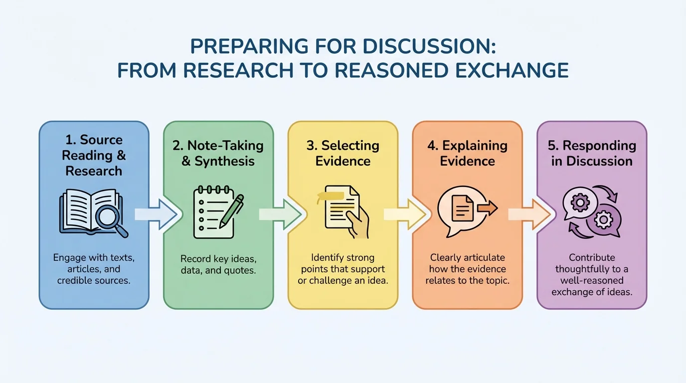 Flowchart showing source reading, note-taking, selecting evidence, explaining evidence, and responding in discussion