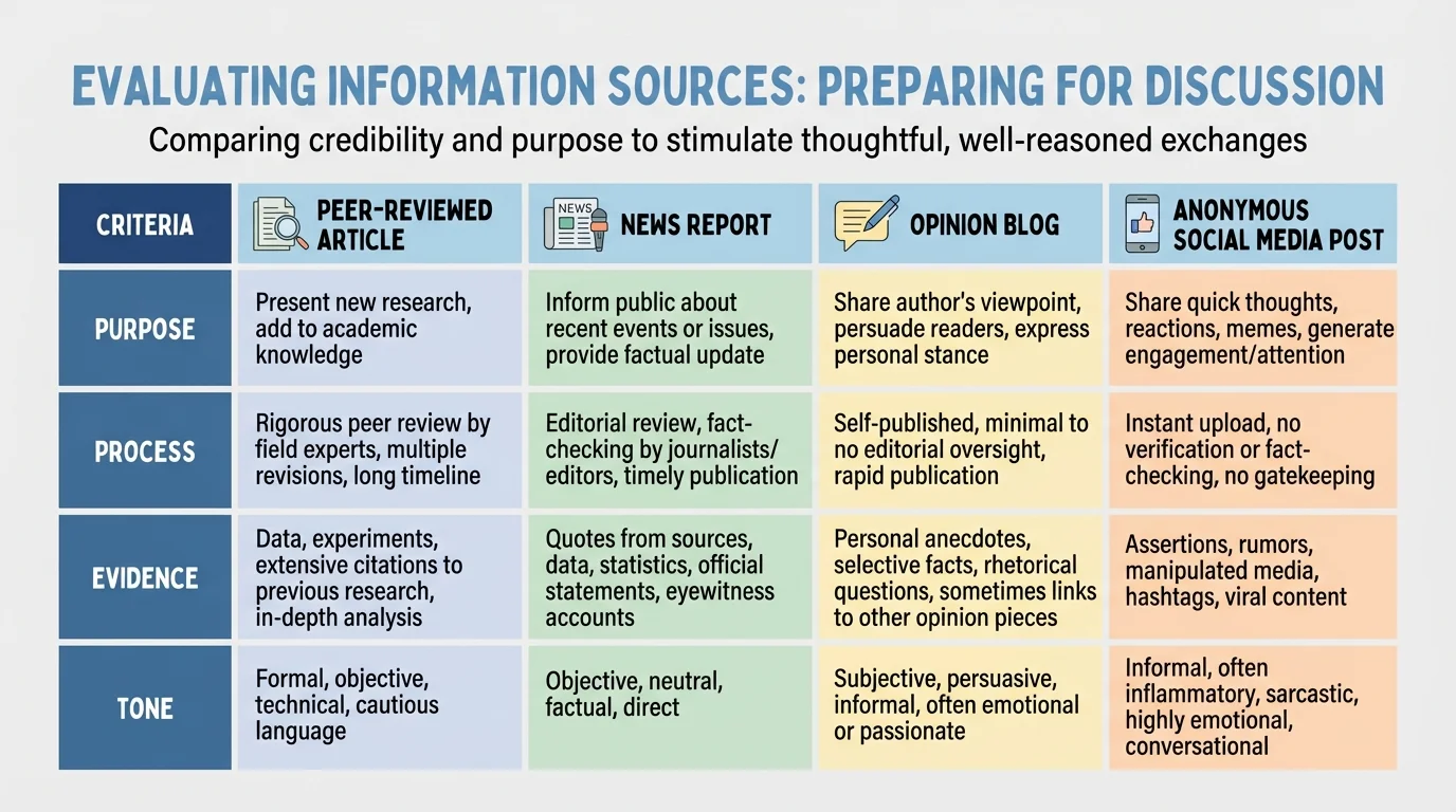 Comparison chart contrasting a peer-reviewed article, news report, opinion blog, and anonymous social media post