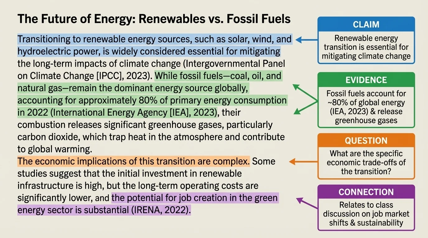 Annotated article page with margin notes labeled claim, evidence, question, and connection