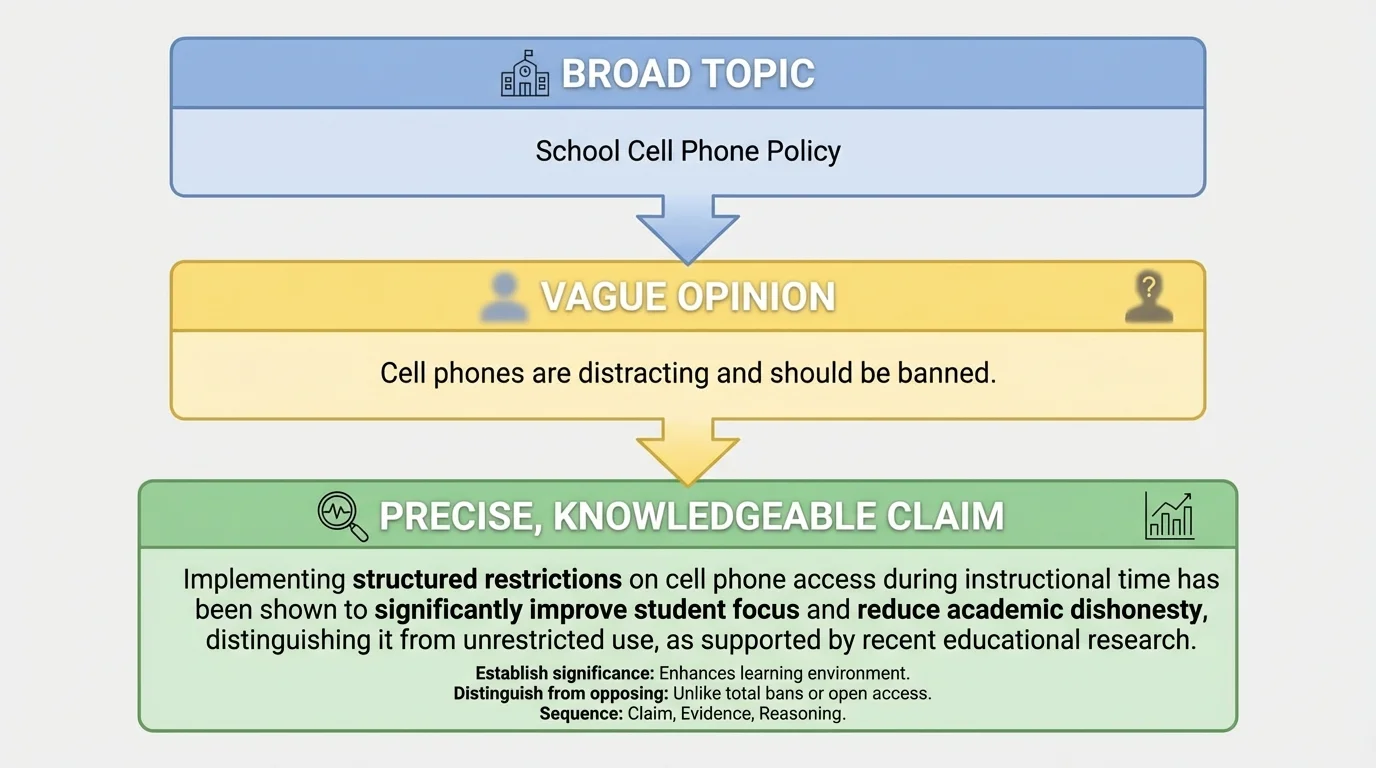 chart showing three levels—broad topic, vague opinion, precise knowledgeable claim using school cell phone policy examples