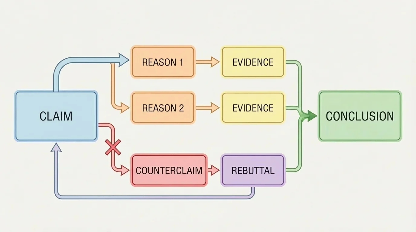 flowchart of argument organization with boxes labeled claim, reason 1, evidence, reason 2, counterclaim, rebuttal, conclusion