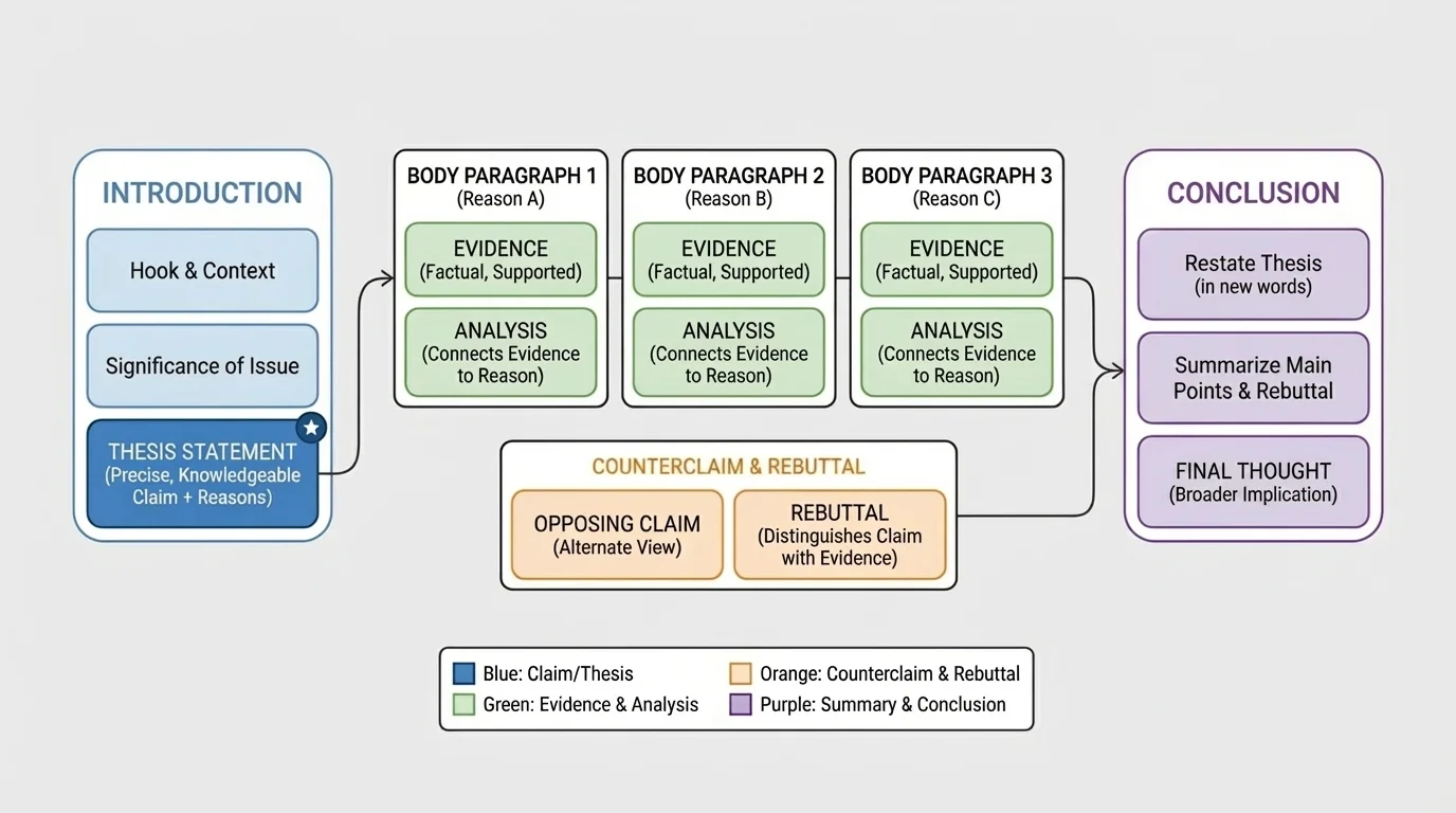 diagram of essay structure with labeled sections and notes on where claim, evidence, and rebuttal appear