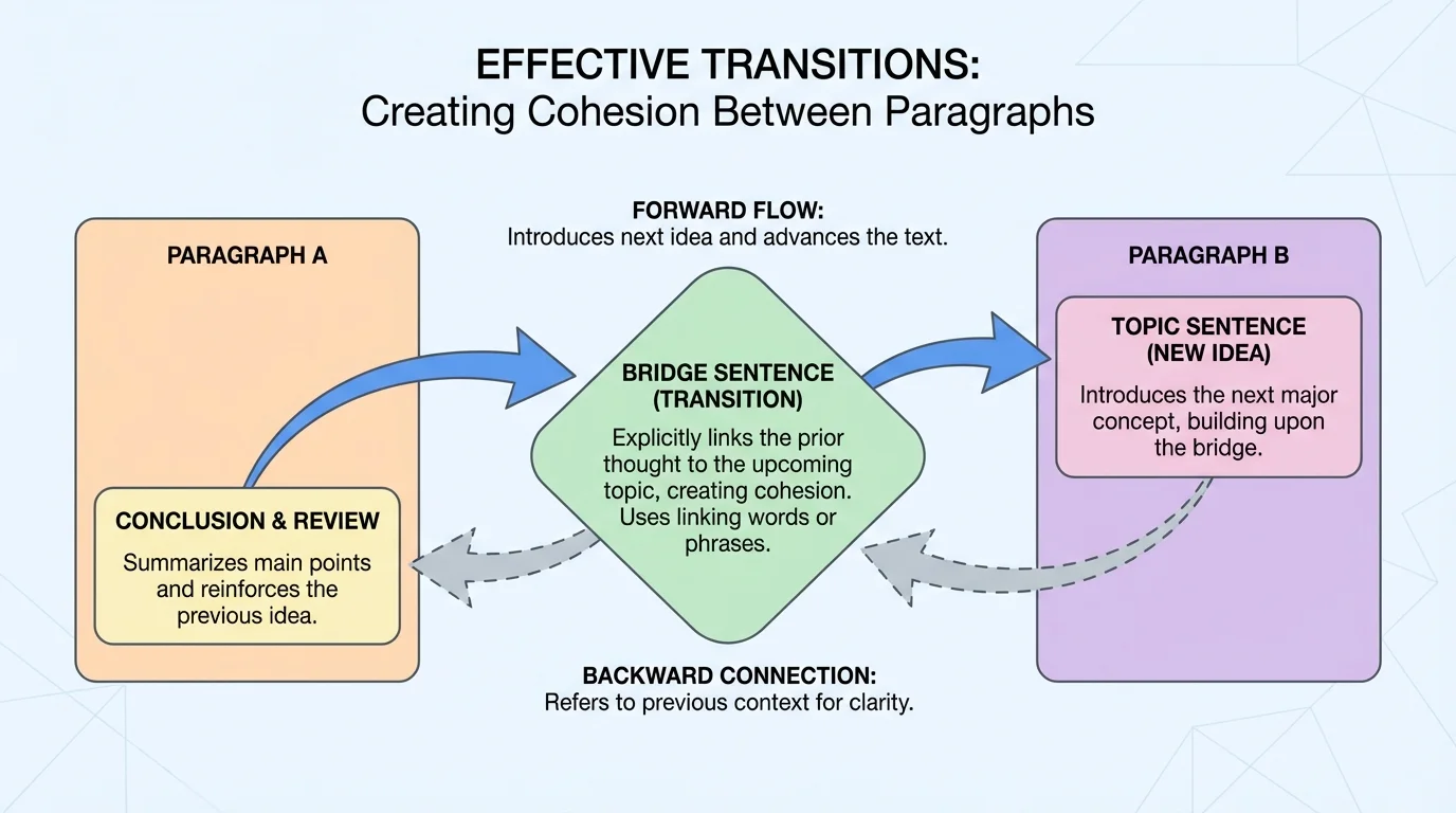 flowchart showing paragraph A conclusion leading to a bridge sentence and then to paragraph B topic sentence, with arrows marking backward and forward connection