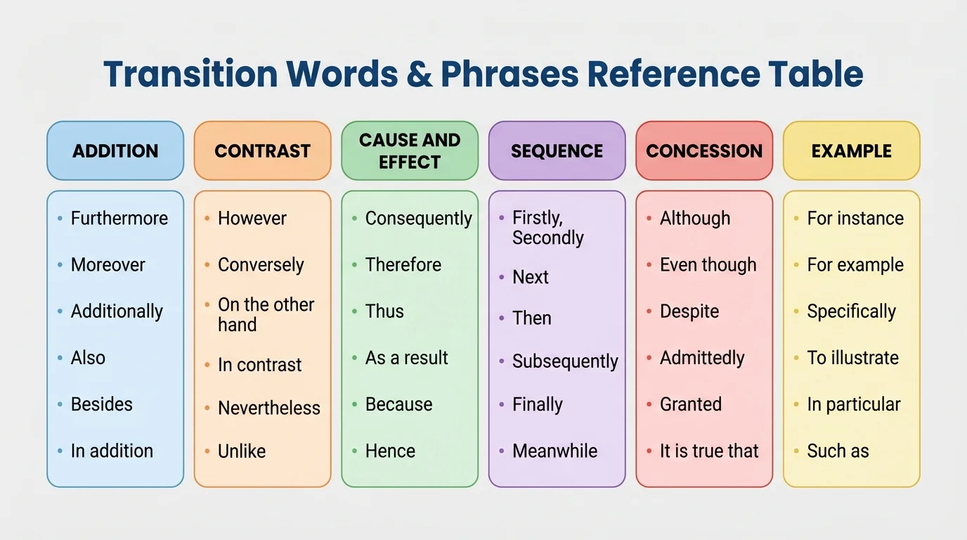 reference table with categories for addition, contrast, cause and effect, sequence, concession, and example, each paired with concise sample transitions