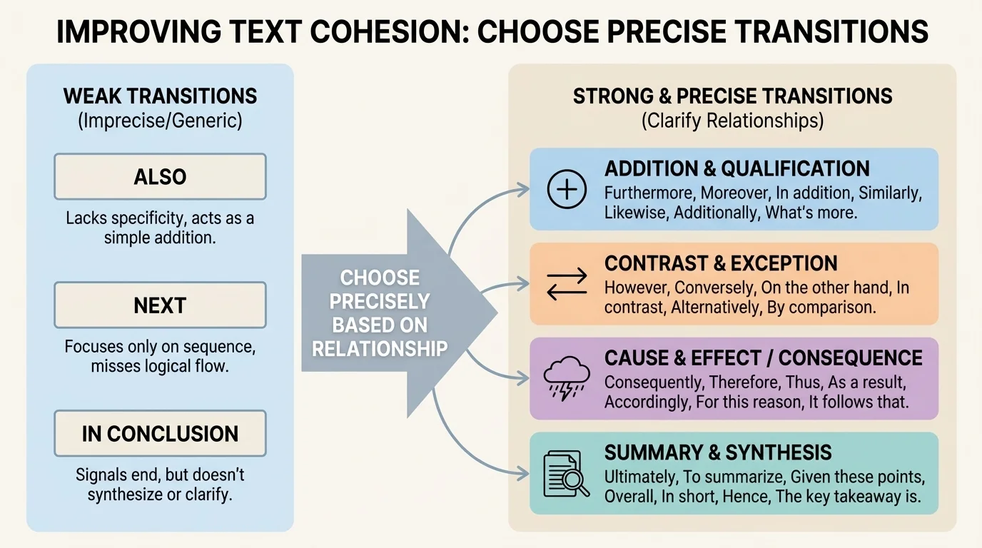 chart comparing weak transitions such as also, next, and in conclusion with revised versions that signal contrast, cause and effect, qualification, or example more precisely
