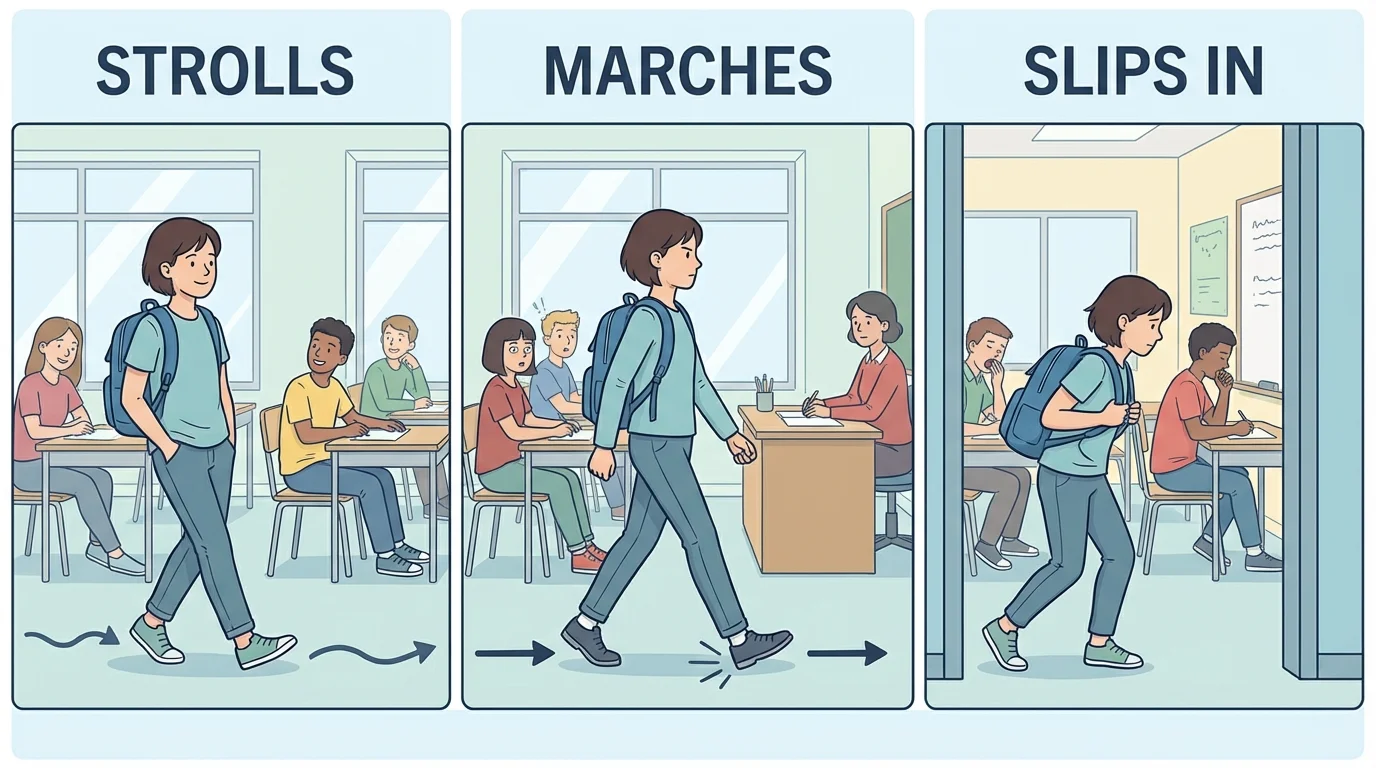 same student entering a classroom in three panels labeled strolls marches slips in with distinct body language and reactions from others