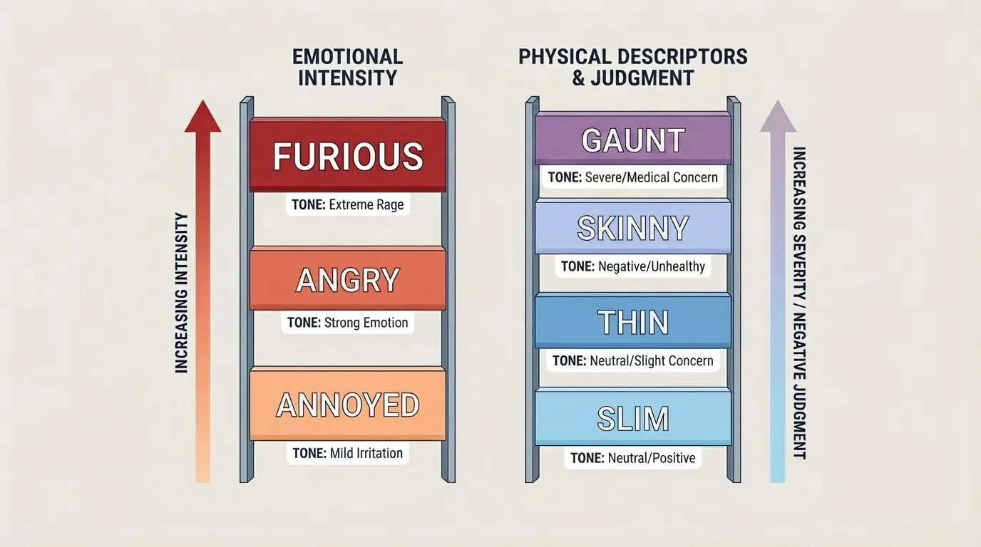 word ladders showing intensity and judgment differences among near-synonyms such as annoyed angry furious and slim thin skinny gaunt with short tone labels
