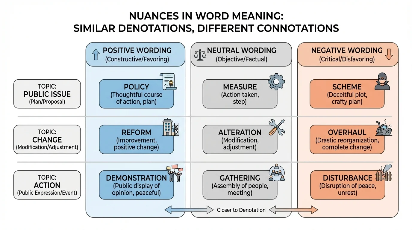 comparison chart of neutral positive and negative wording for the same public issue such as policy versus scheme reform versus overhaul and protest versus disturbance