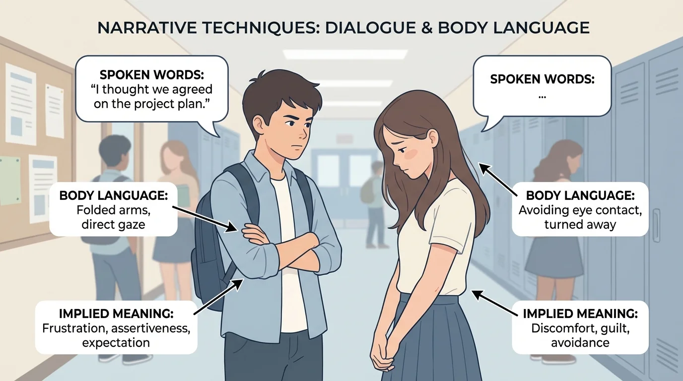 Two students in a tense school hallway conversation, one speaking with folded arms, the other avoiding eye contact, with concise labels for spoken words, body language, and implied meaning