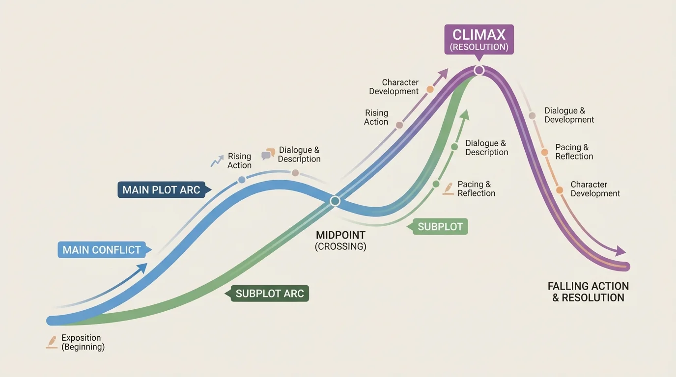 Main plot and subplot arcs in a narrative, with separate branches labeled main conflict and subplot, crossing at midpoint and joining at climax