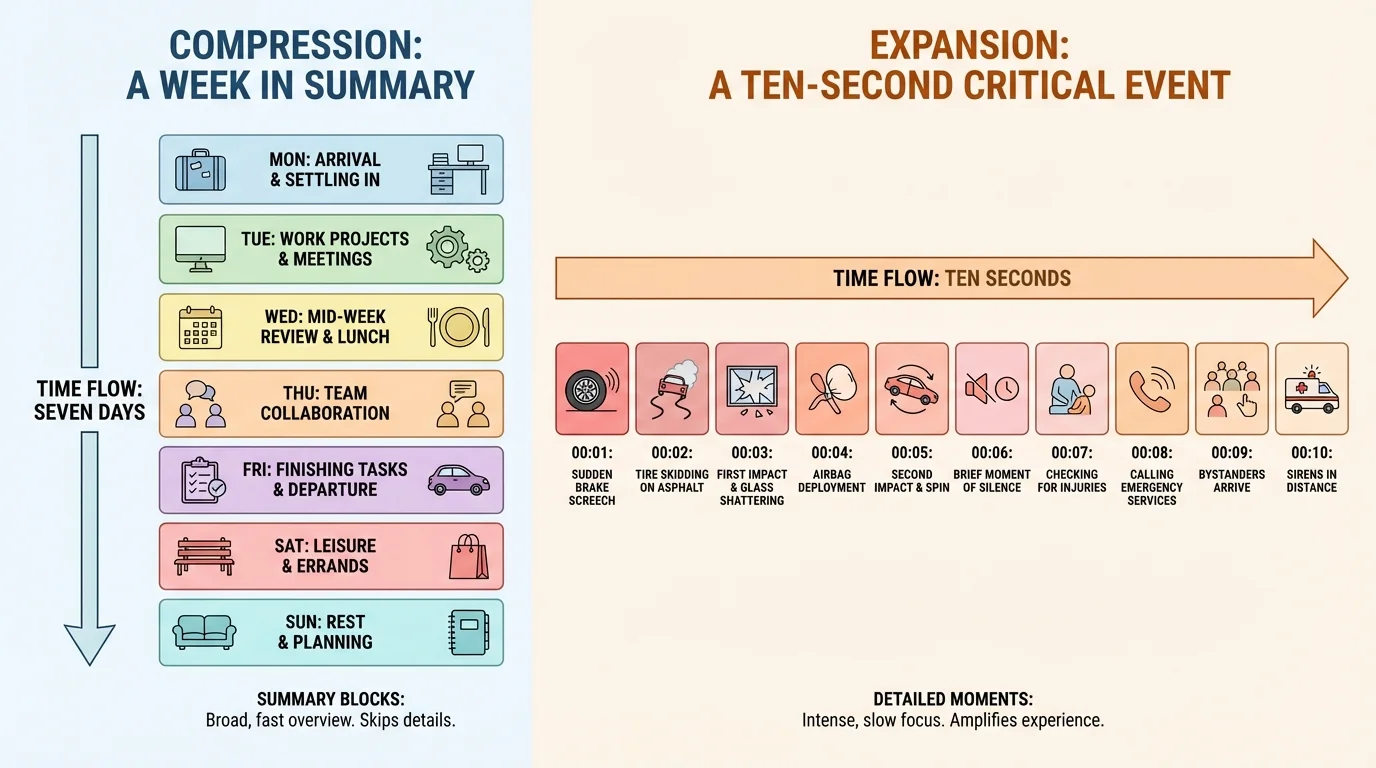 Side-by-side narrative pacing comparison, one side showing a week compressed into short summary blocks and the other showing ten seconds expanded into many small scene moments during a critical event