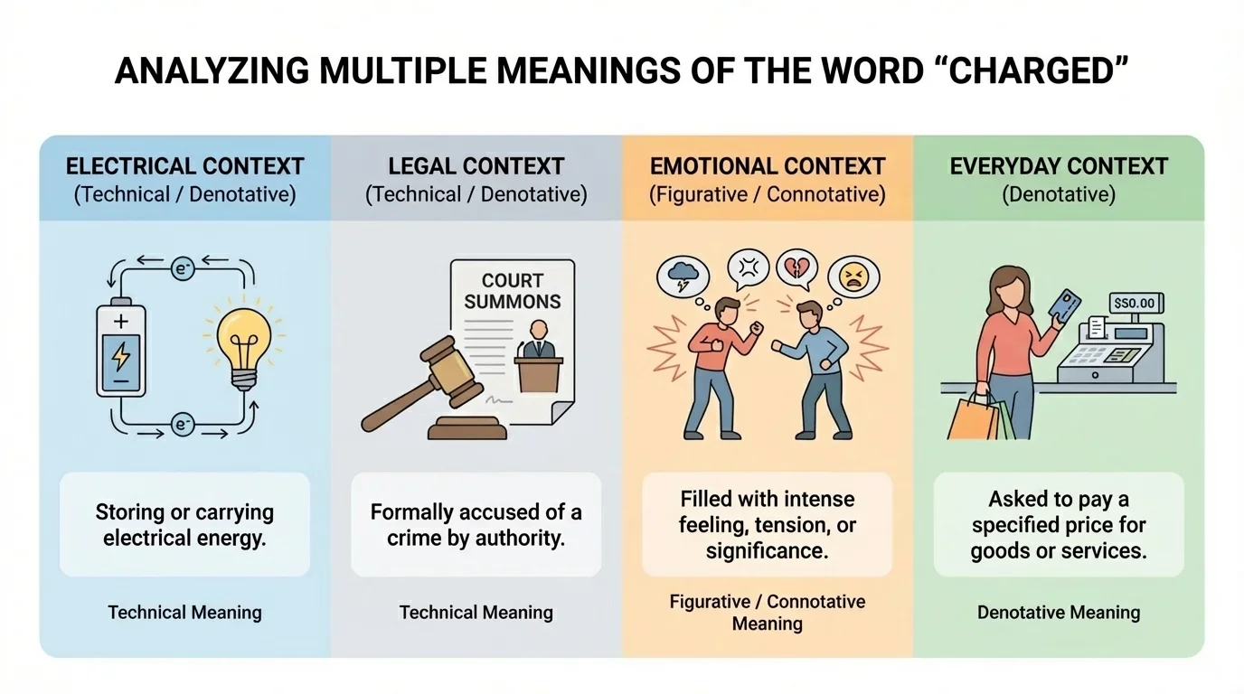 comparison chart showing the word "charged" used in electrical, legal, emotional, and everyday contexts with brief labels for denotative, figurative, and technical meanings