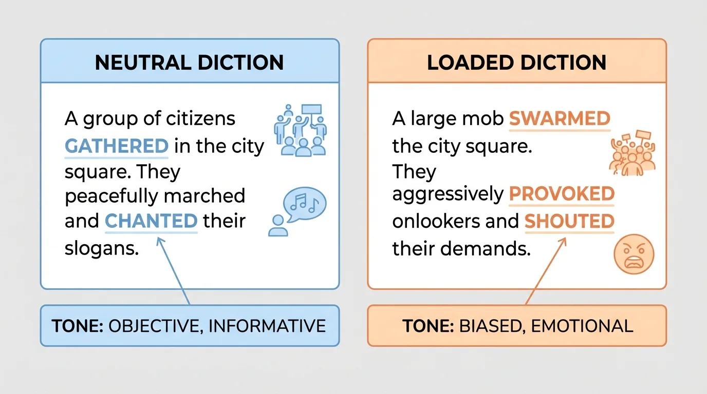 side-by-side comparison of two short passages about the same street protest, one using neutral diction such as gathered and chanted, the other using loaded diction such as swarmed and provoked, with tone labels