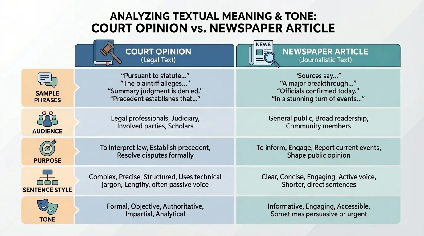 comparison chart of a court opinion and a newspaper article with sample phrases, audience, purpose, sentence style, and tone