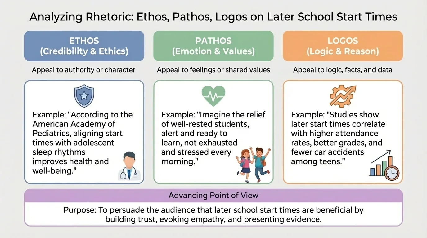 comparison chart showing ethos, pathos, and logos applied to the same issue of later school start times, with concise examples under each appeal