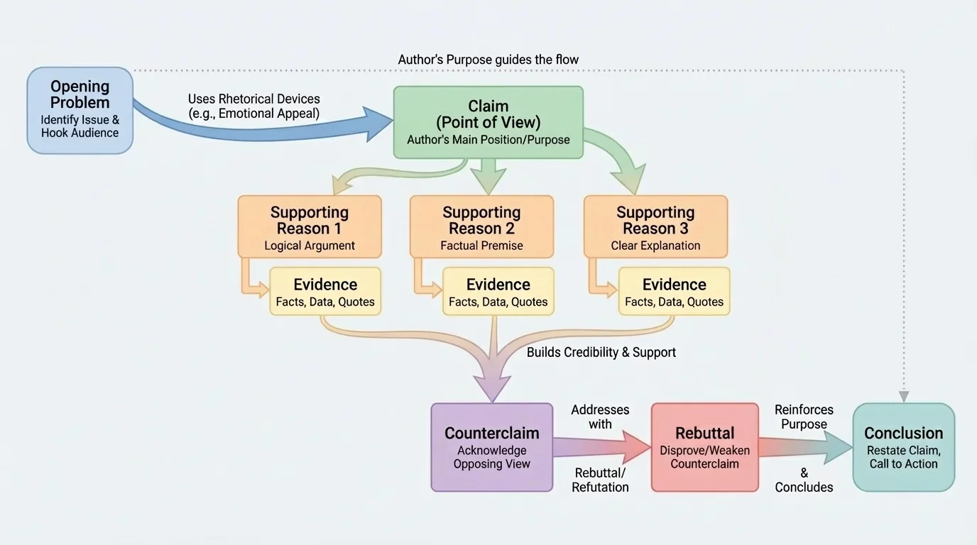 flowchart of an argumentative text moving from opening problem to claim, supporting reasons, evidence, counterclaim, rebuttal, and conclusion with arrows showing progression
