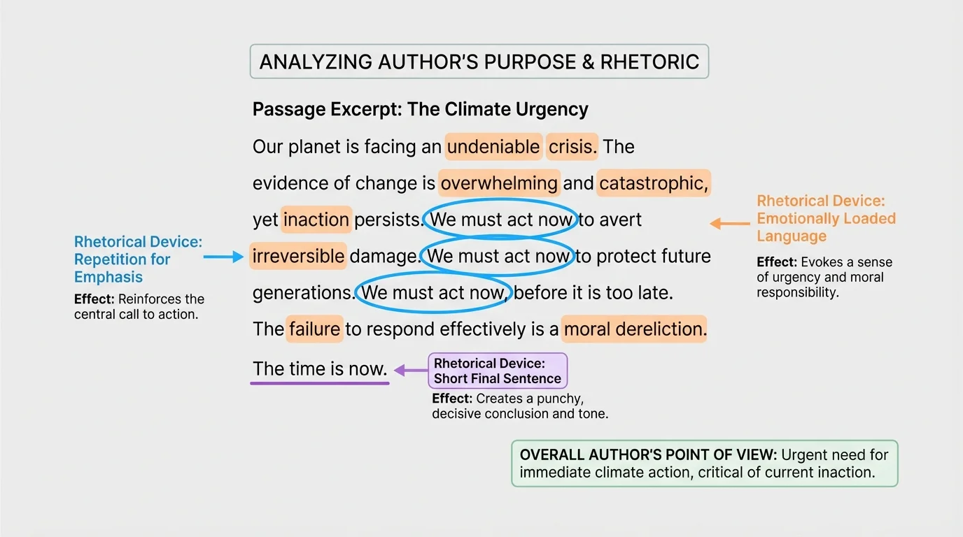 annotated passage-style diagram with repeated phrase circled, emotionally loaded words highlighted, and short final sentence marked to show tone and emphasis