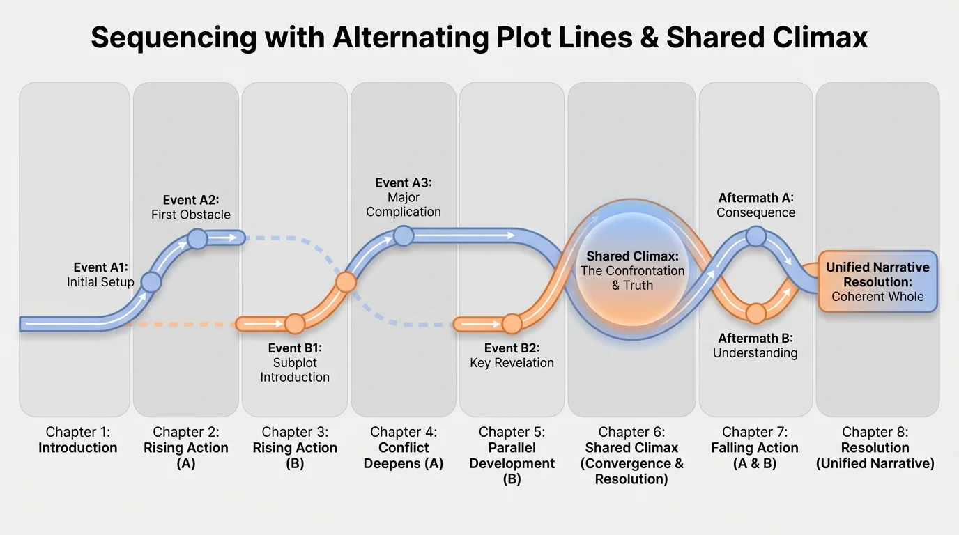 Chart with Plot Line A and Plot Line B alternating across chapters and intersecting at a shared climax