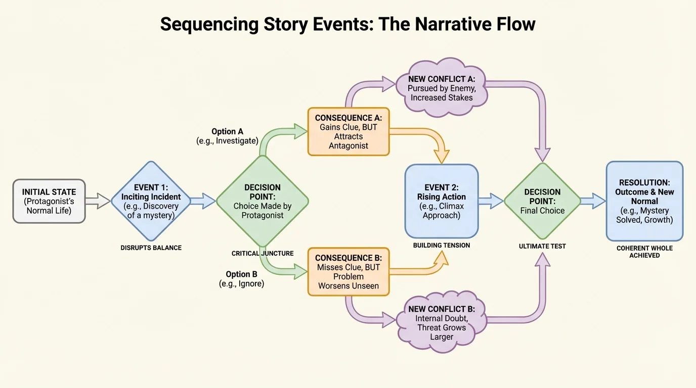 Flowchart showing one story event leading to the next through decision, consequence, and new conflict