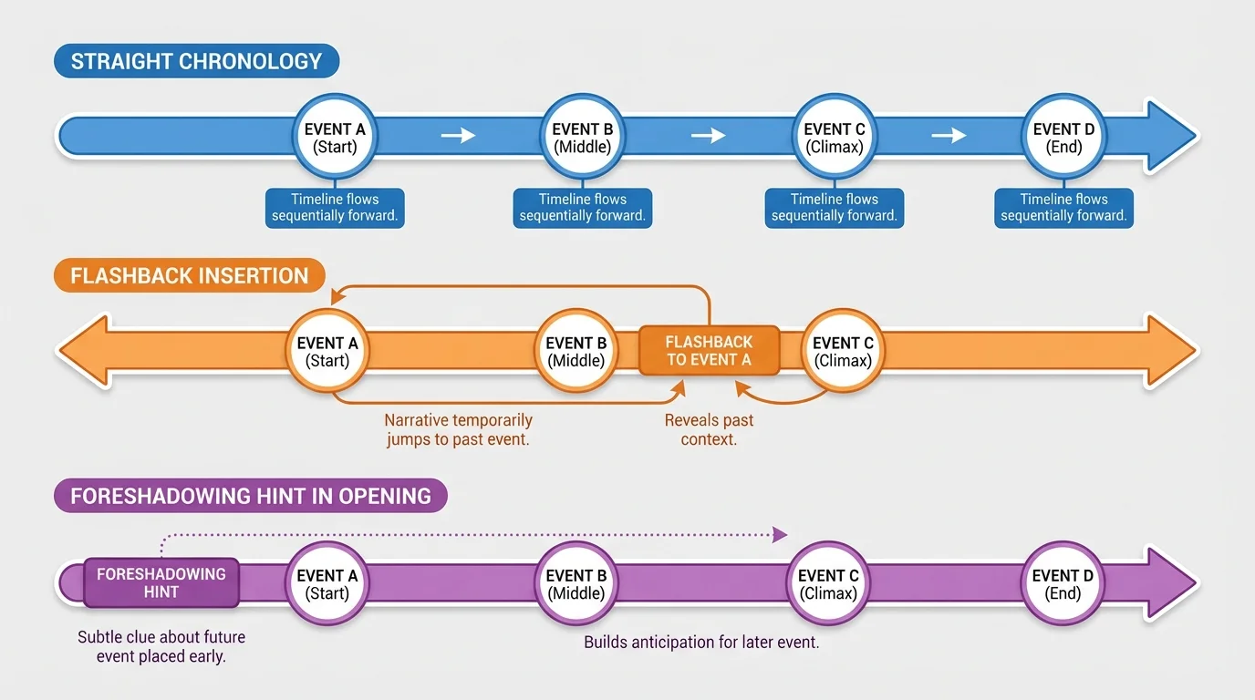 Timeline comparing straight chronology with a flashback insertion and a foreshadowing hint in the opening