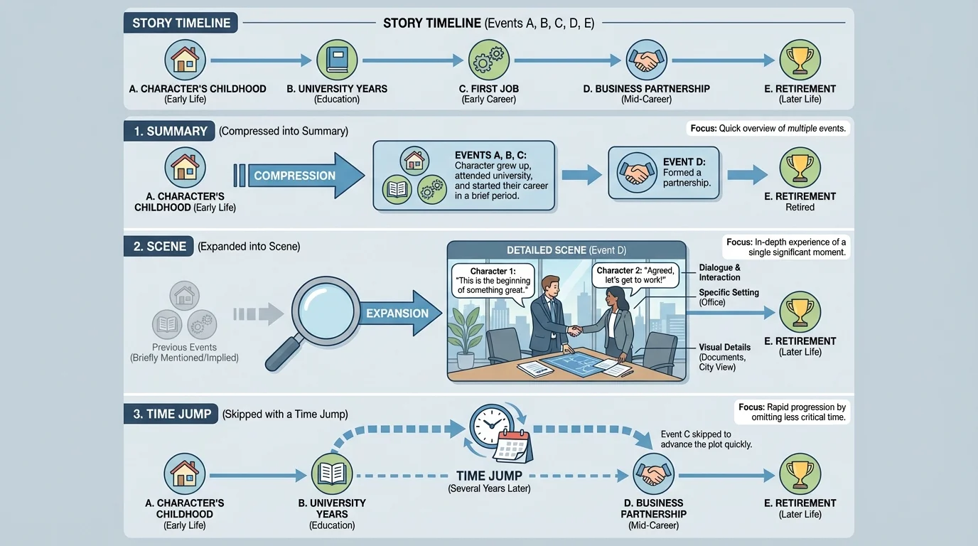 Diagram showing the same story period compressed into summary, expanded into scene, and skipped with a time jump