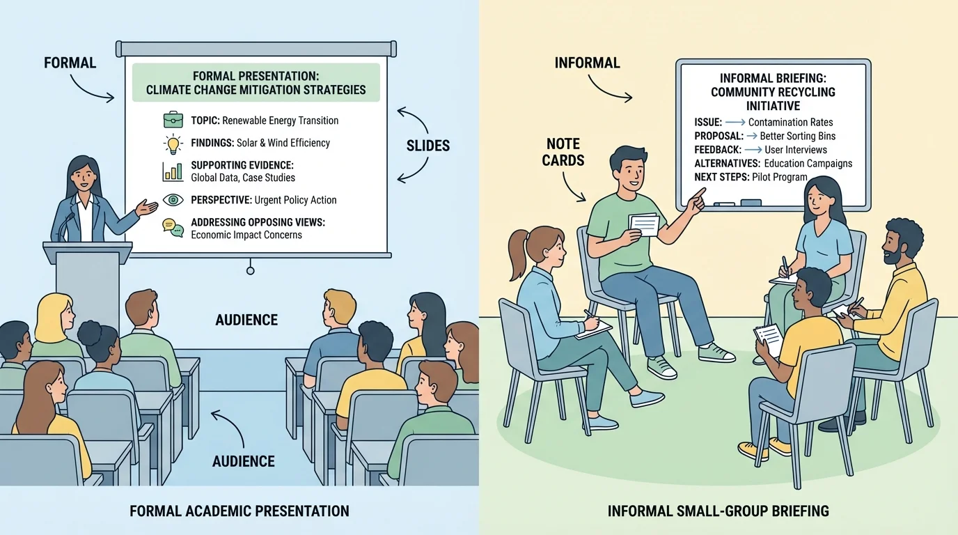 Two student speakers in contrasting settings, one giving a formal academic presentation at a podium with slides and one leading an informal small-group briefing with note cards, showing different posture and audience arrangement