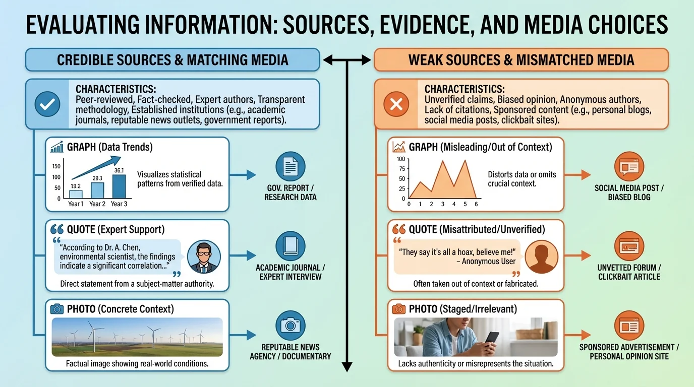 Chart comparing credible and weak sources, alongside examples of matching media choices such as graph for data trends, quote for expert support, and photo for concrete context