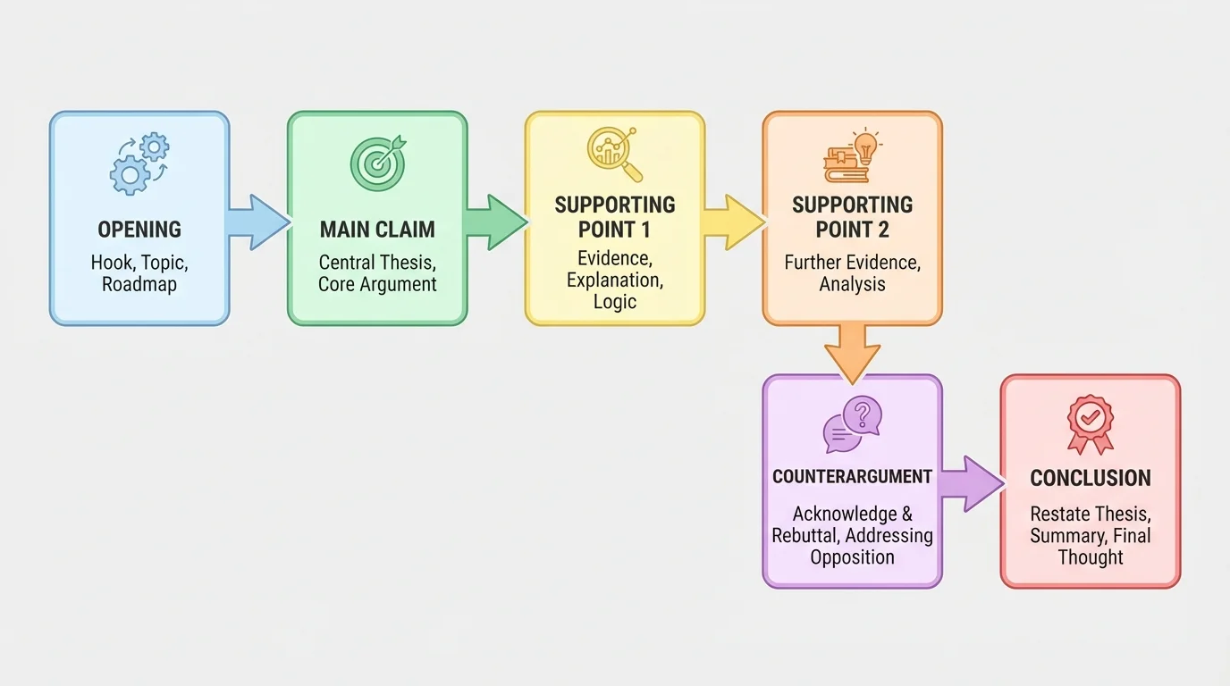 Flowchart of a presentation structure with opening, main claim, supporting point 1, supporting point 2, counterargument, and conclusion connected by arrows