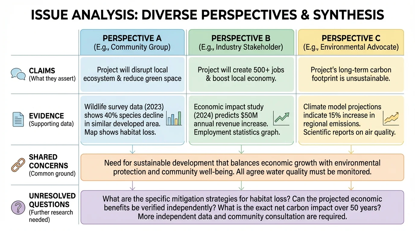 Three-column comparison chart for an issue showing claims, evidence, shared concerns, and unresolved questions